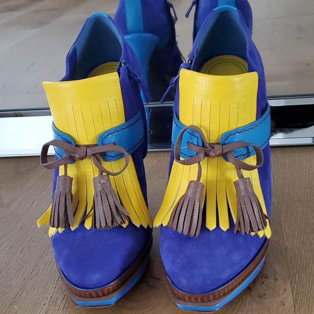 Cole Haan Purple, Yellow, Blue & Brown Fringe Tassel Ankle Boots
